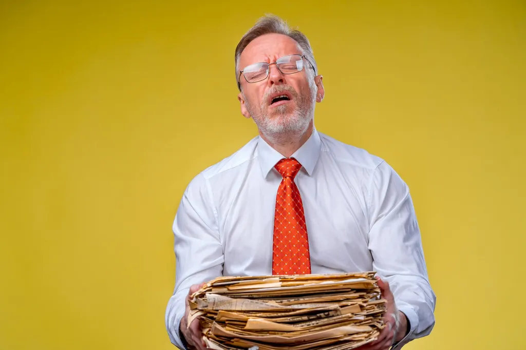 Homme submergé de dossiers, confusion autour des versions du guide de lecture Qualiopi