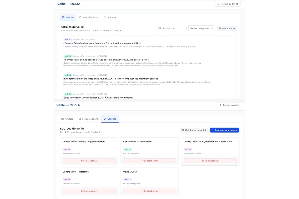 Module veille réglementaire OGMA Ariane - articles et sources RSS Qualiopi
