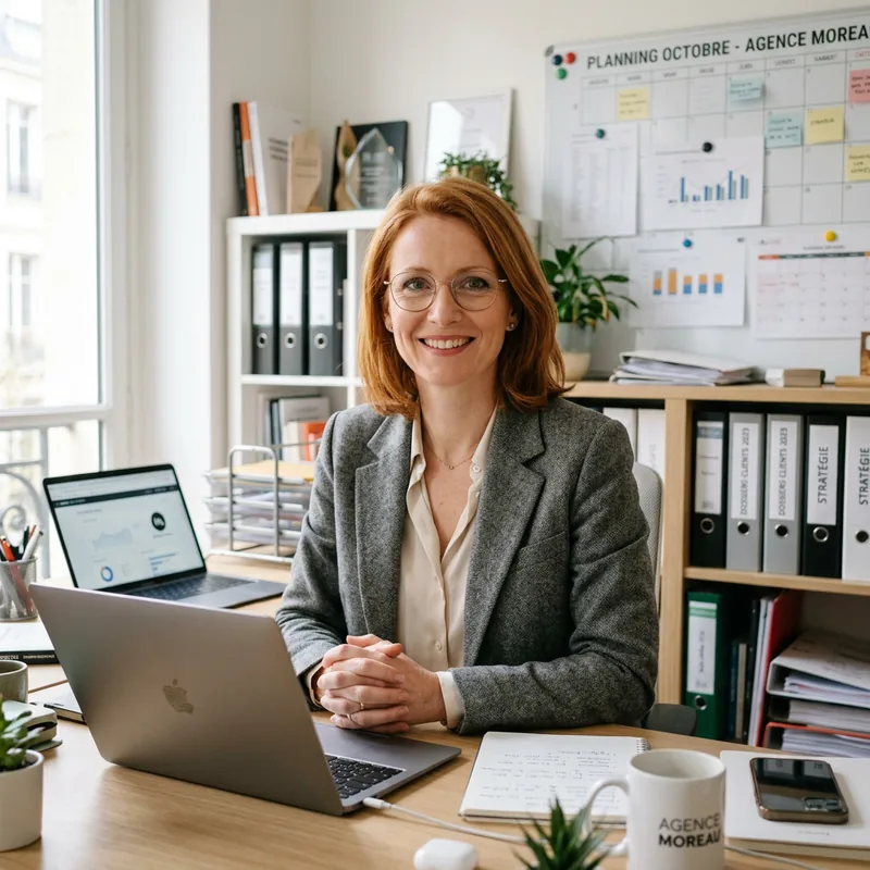 Dirigeante d'agence de communication à son bureau, planning au mur