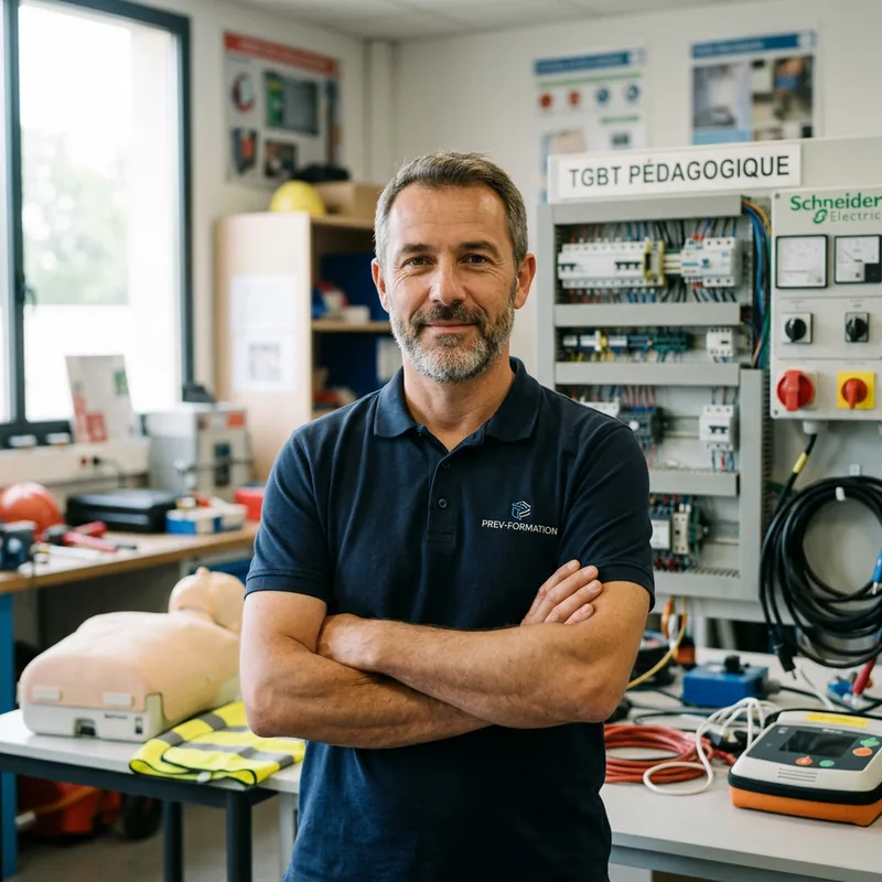 Dirigeant d'organisme de formation en habilitation électrique dans sa salle de formation